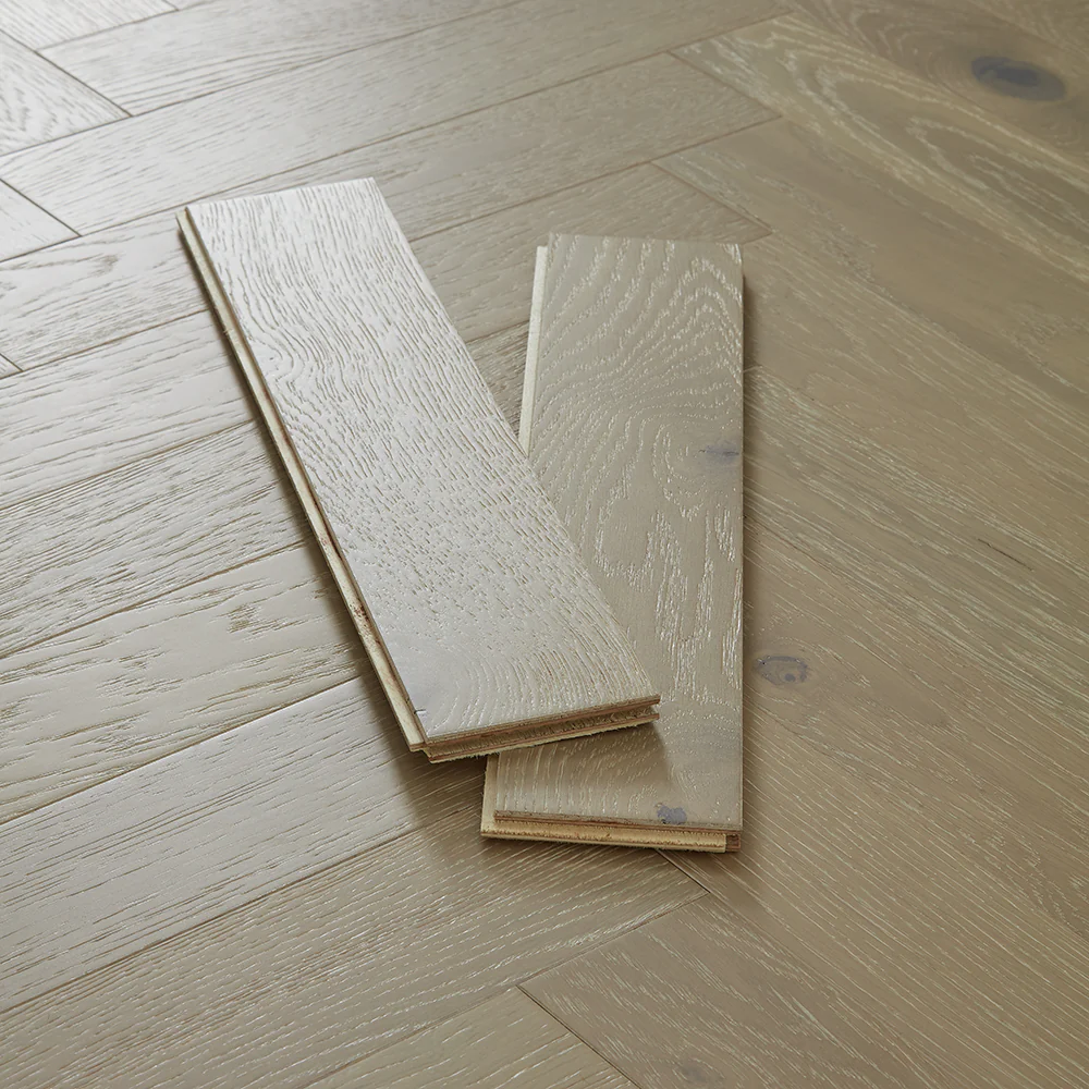 Nordic Herringbone 12mm Engineered Wood Flooring - Brushed White Washed Lacquer - Image 4